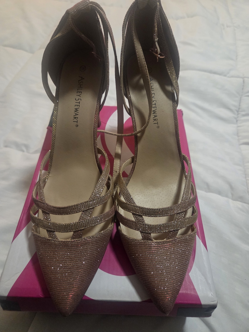 Ashley Stewart Glitter Strappy Pointed Heels in Rose Gold
